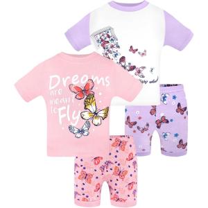 DAUGHTER QUEEN Girls Summer Pajamas Set 4 Pieces 100% Cotton Sleepwear Size 18 Months-12 Years(4pcs-pink/Purple-butterfly-sga24)