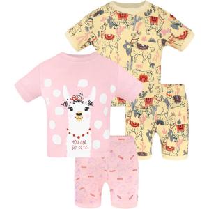 DAUGHTER QUEEN Girls Summer Pajamas Set 4 Pieces 100% Cotton Sleepwear Size 18 Months-12 Years(4pcs-pink/Yellow-llama-sga24)