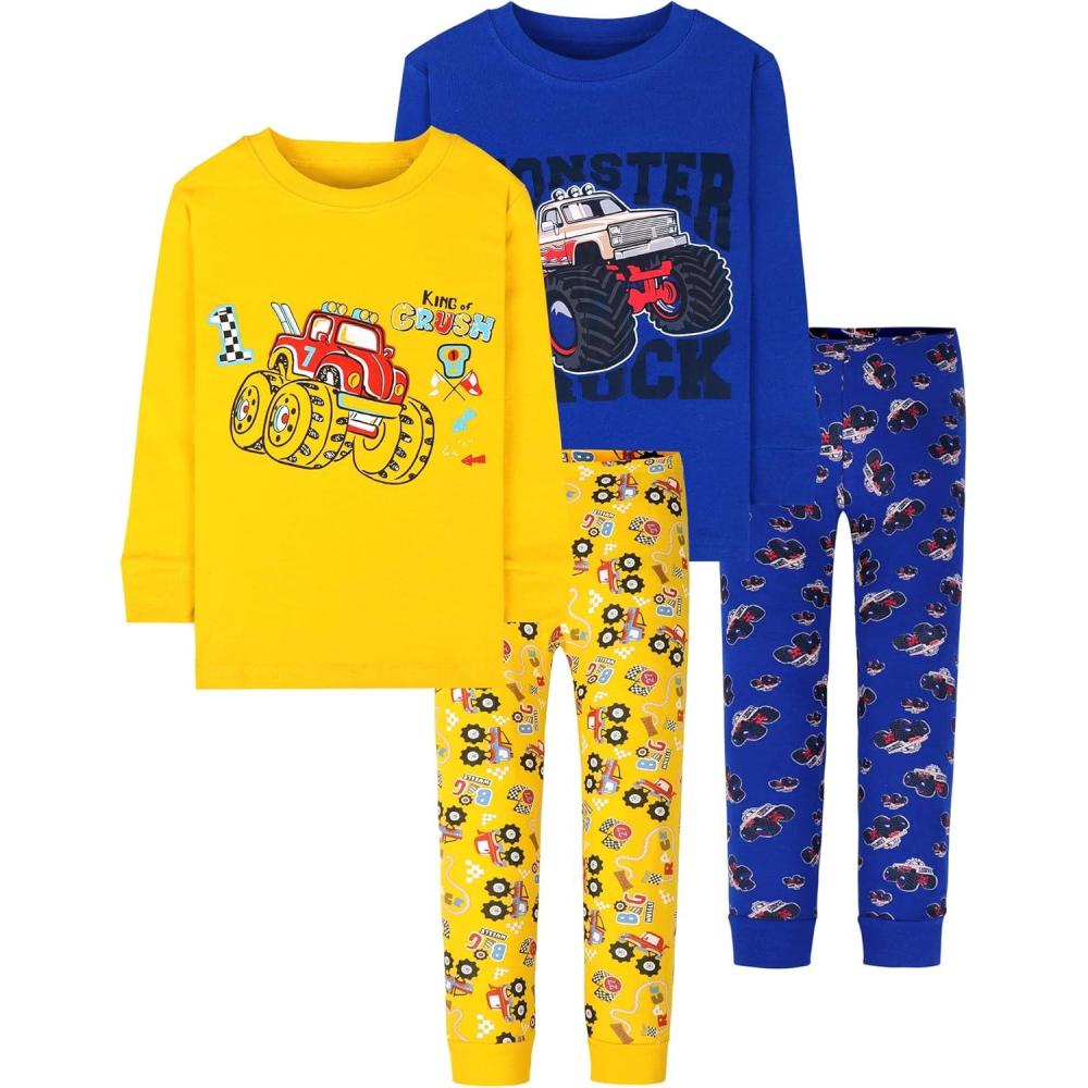 imageDAUGHTER QUEEN Pajamas for Little Boys Toddler Pjs 4T Kids 4 Piece 100 Cotton Long Sleeve Pj Sets Sleepwear Jammies Monster Truck Clothes Size 4 Years Old XS