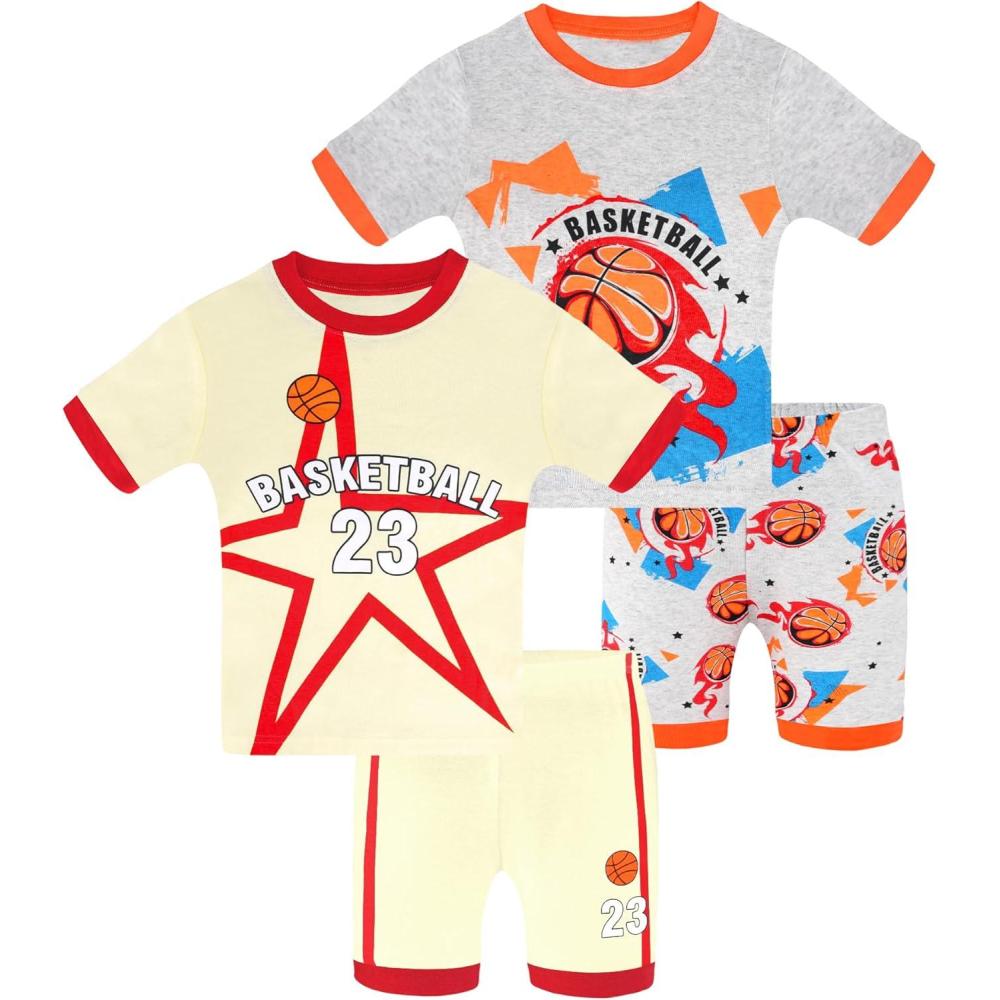 imageDAUGHTER QUEEN Boys Pajamas 4 Pieces Short Set 100 Cotton Sleepwear Size 18 Months12 Years4pcsbeigeGreybasketballsba26