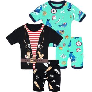 DAUGHTER QUEEN Boys Pajamas 4 Pieces Short Set 100% Cotton Sleepwear Size 18 Months-12 Years(4pcs-black/Blue-pirate-sba26)