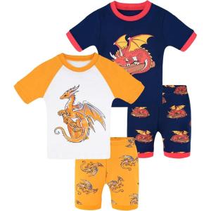 DAUGHTER QUEEN Boys Pajamas 4 Pieces Short Set 100% Cotton Sleepwear Size 18 Months-12 Years(4pcs-orange/Navy Blue-dragon-sba26)