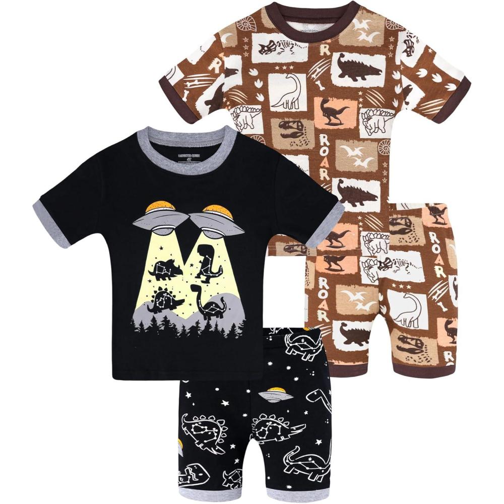 imageDAUGHTER QUEEN Boys Pajamas 4 Pieces Short Set 100 Cotton Sleepwear Size 18 Months12 Years4pcsblackBrowndinosaursba26