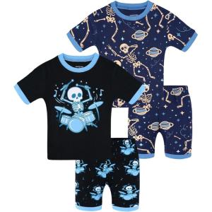 DAUGHTER QUEEN Boys Pajamas 4 Pieces Short Set 100% Cotton Sleepwear Size 18 Months-12 Years(4pcs-black/Navy Blue-skeleton-sba26)