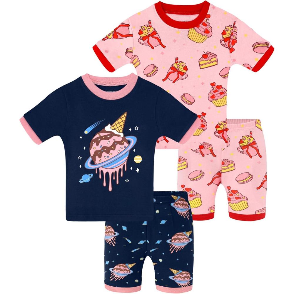 imageDAUGHTER QUEEN Girls Summer Pajamas Set 4 Pieces 100 Cotton Sleepwear Size 18 Months12 Years4pcsnavyPinkicecreamsga26
