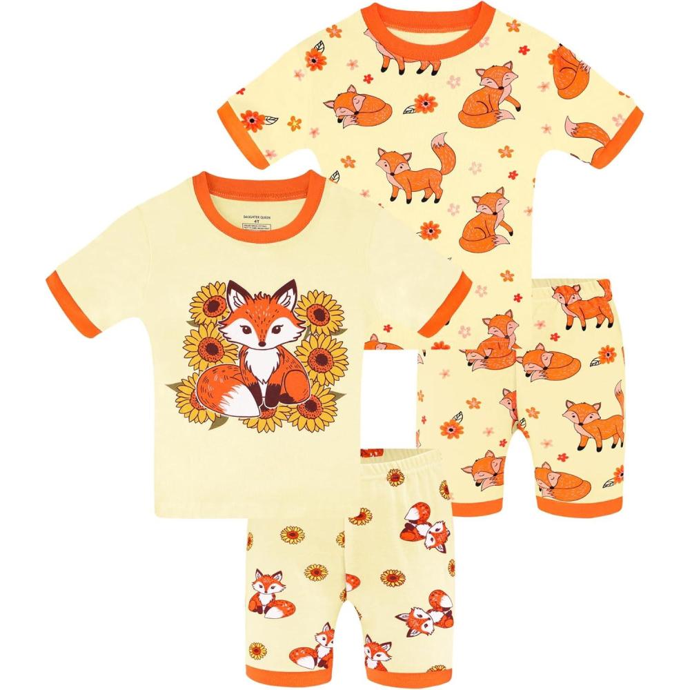 imageDAUGHTER QUEEN Girls Summer Pajamas Set 4 Pieces 100 Cotton Sleepwear Size 18 Months12 Years4pcsyellowfoxsga26