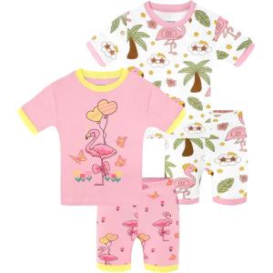 DAUGHTER QUEEN Girls Summer Pajamas Set 4 Pieces 100% Cotton Sleepwear Size 18 Months-12 Years(4pcs-pink/White-flamingo-sga26)