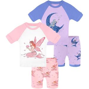 DAUGHTER QUEEN Girls Summer Pajamas Set 4 Pieces 100% Cotton Sleepwear Size 18 Months-12 Years(4pcs-purple/Pink-mermaid-sga26)