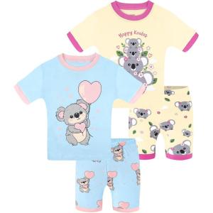 DAUGHTER QUEEN Girls Summer Pajamas Set 4 Pieces 100% Cotton Sleepwear Size 18 Months-12 Years(4pcs-yellow/Blue-koala-sga26)
