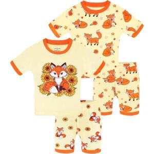 DAUGHTER QUEEN Girls Summer Pajamas Set 4 Pieces 100% Cotton Sleepwear Size 18 Months-12 Years(4pcs-yellow-fox-sga26)
