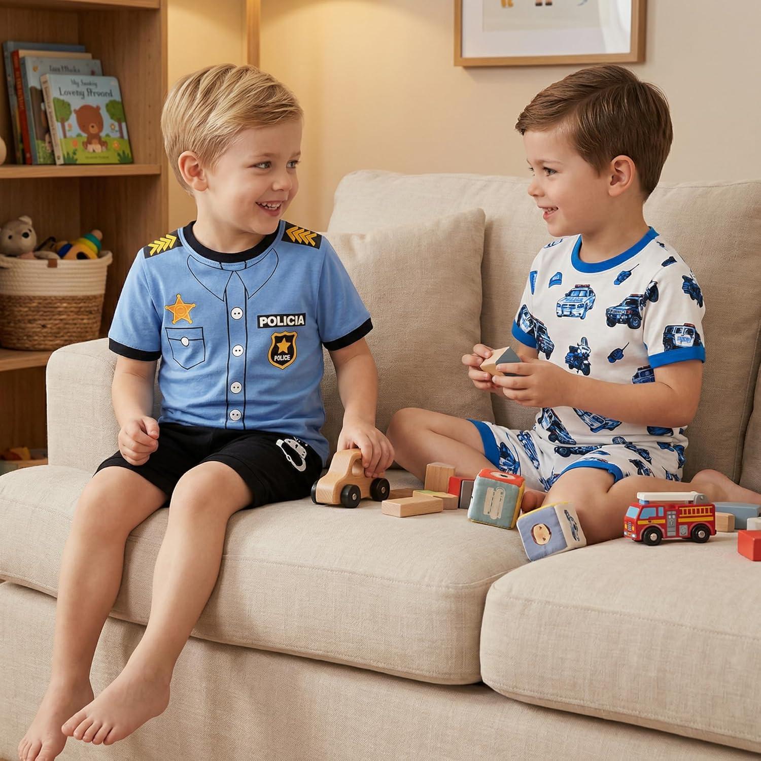 imageDAUGHTER QUEEN Boys Summer Pajamas Set 4 Pieces 100 Cotton Sleepwear Size 18 Months12 Years4pcsblueWhitepolicesba26