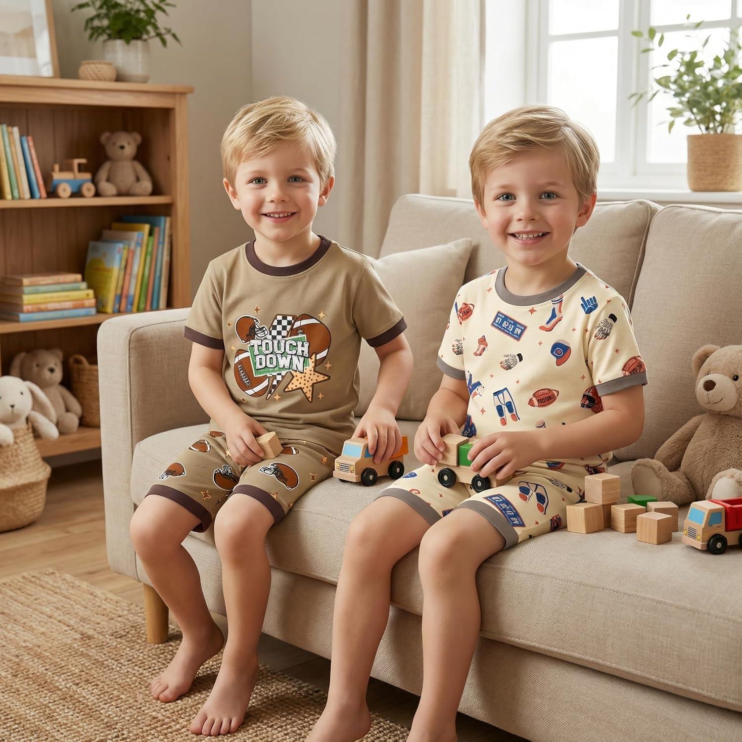 imageDAUGHTER QUEEN Boys Summer Pajamas Set 4 Pieces 100 Cotton Sleepwear Size 18 Months12 Years4pcsbrownBeigefootballsba26