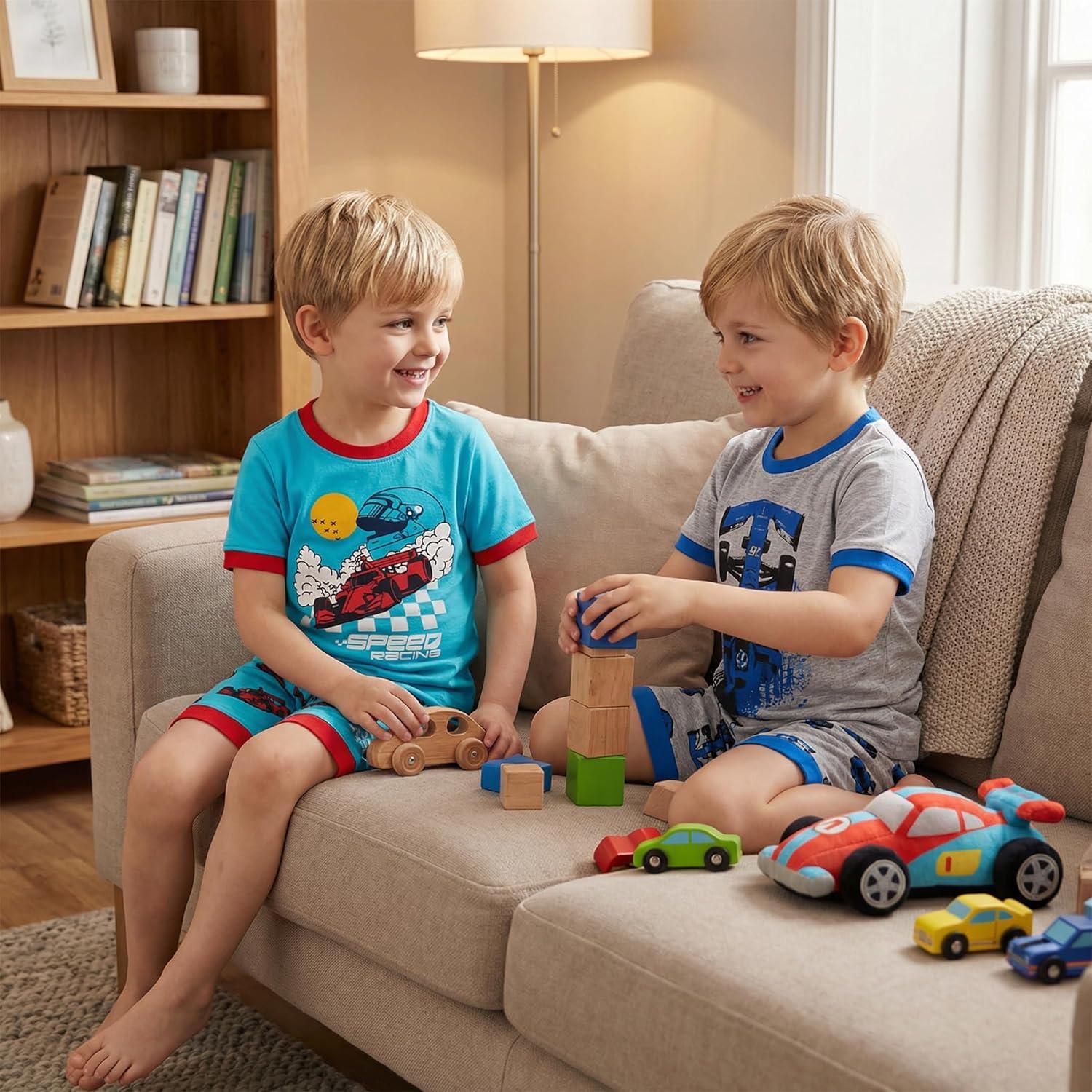 imageDAUGHTER QUEEN Boys Summer Pajamas Set 4 Pieces 100 Cotton Sleepwear Size 18 Months12 Years4pcsgreyBluecarssba26