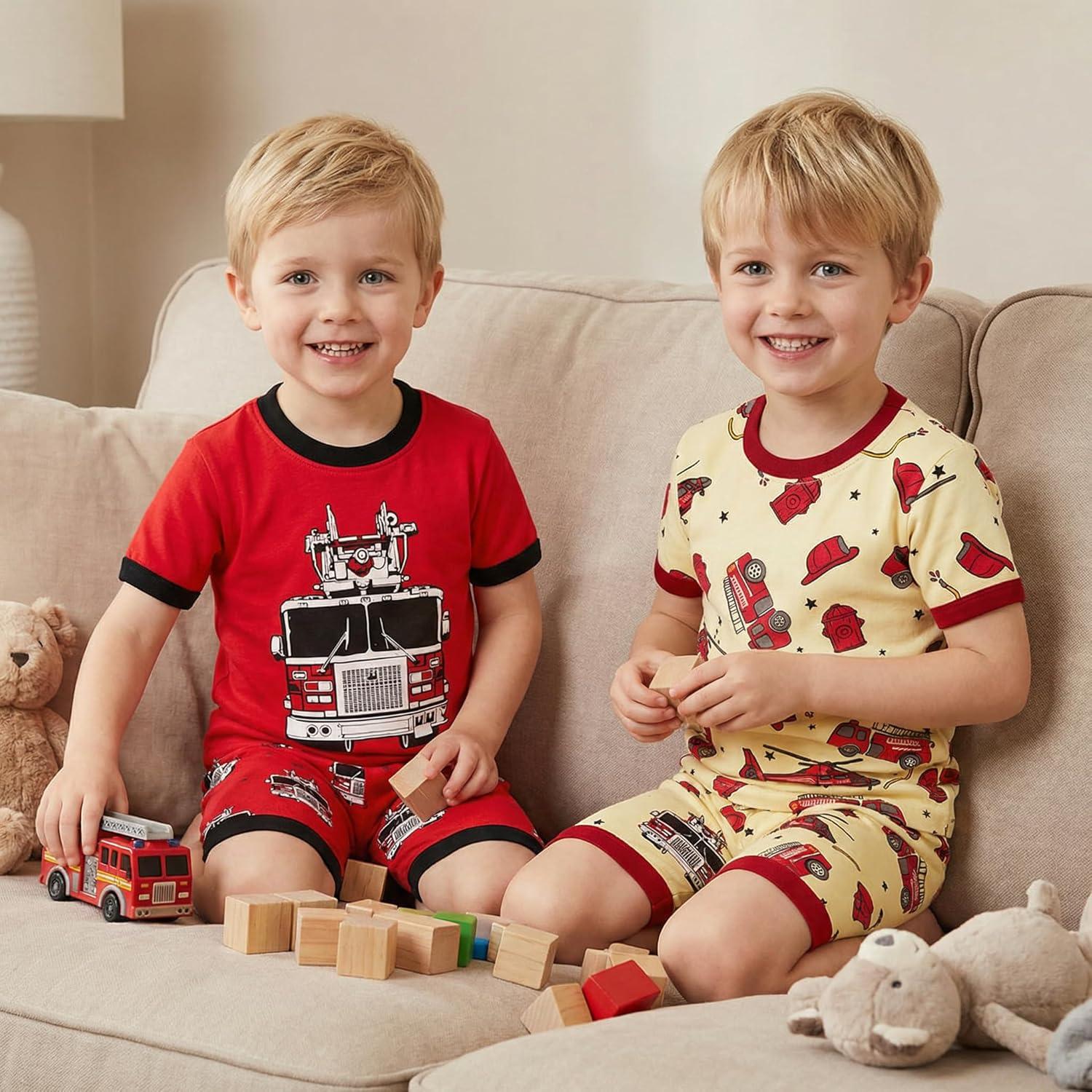 imageDAUGHTER QUEEN Boys Summer Pajamas Set 4 Pieces 100 Cotton Sleepwear Size 18 Months12 Years4pcsredBeigefire Trucksba26
