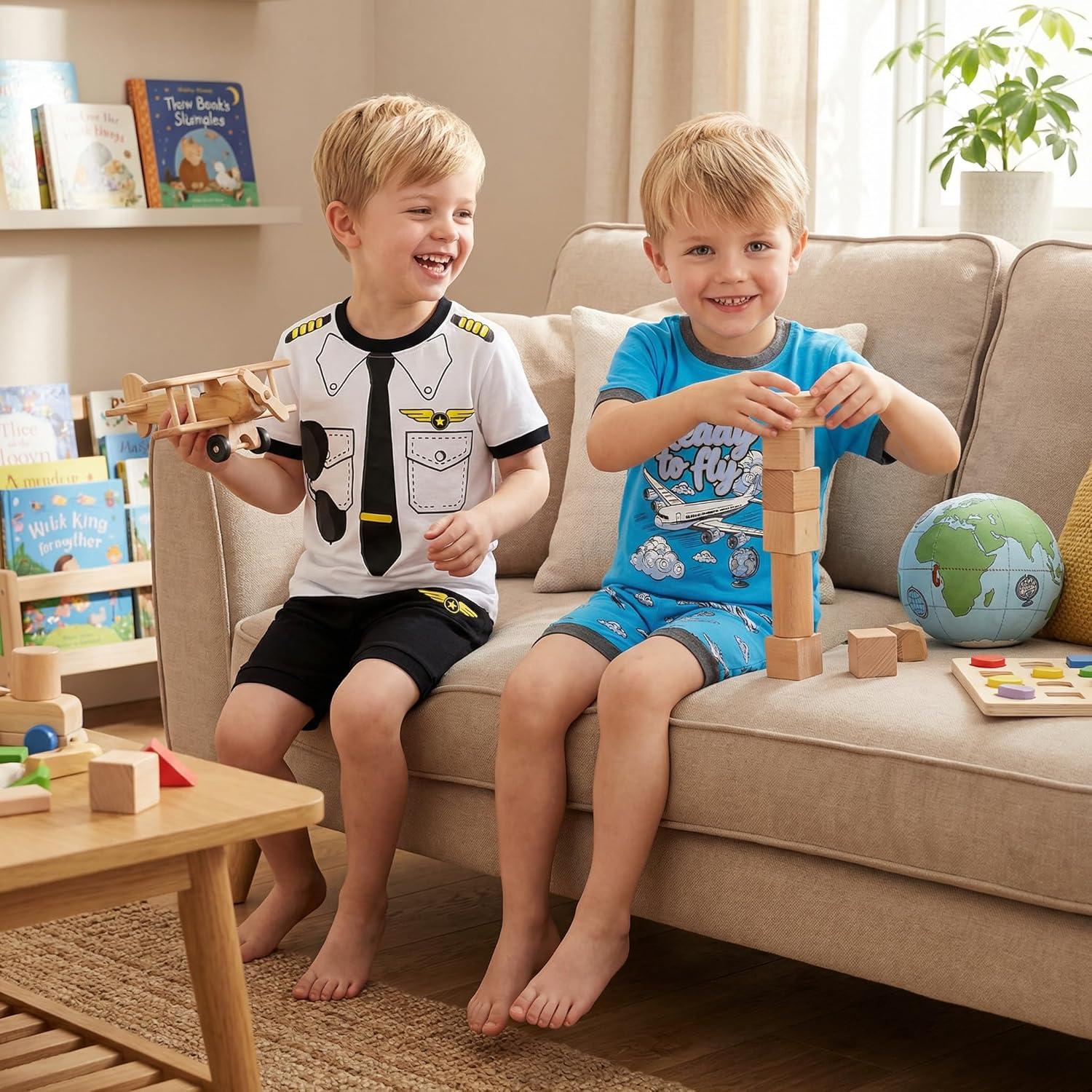 imageDAUGHTER QUEEN Boys Summer Pajamas Set 4 Pieces 100 Cotton Sleepwear Size 18 Months12 Years4pcswhiteBlueplanesba26
