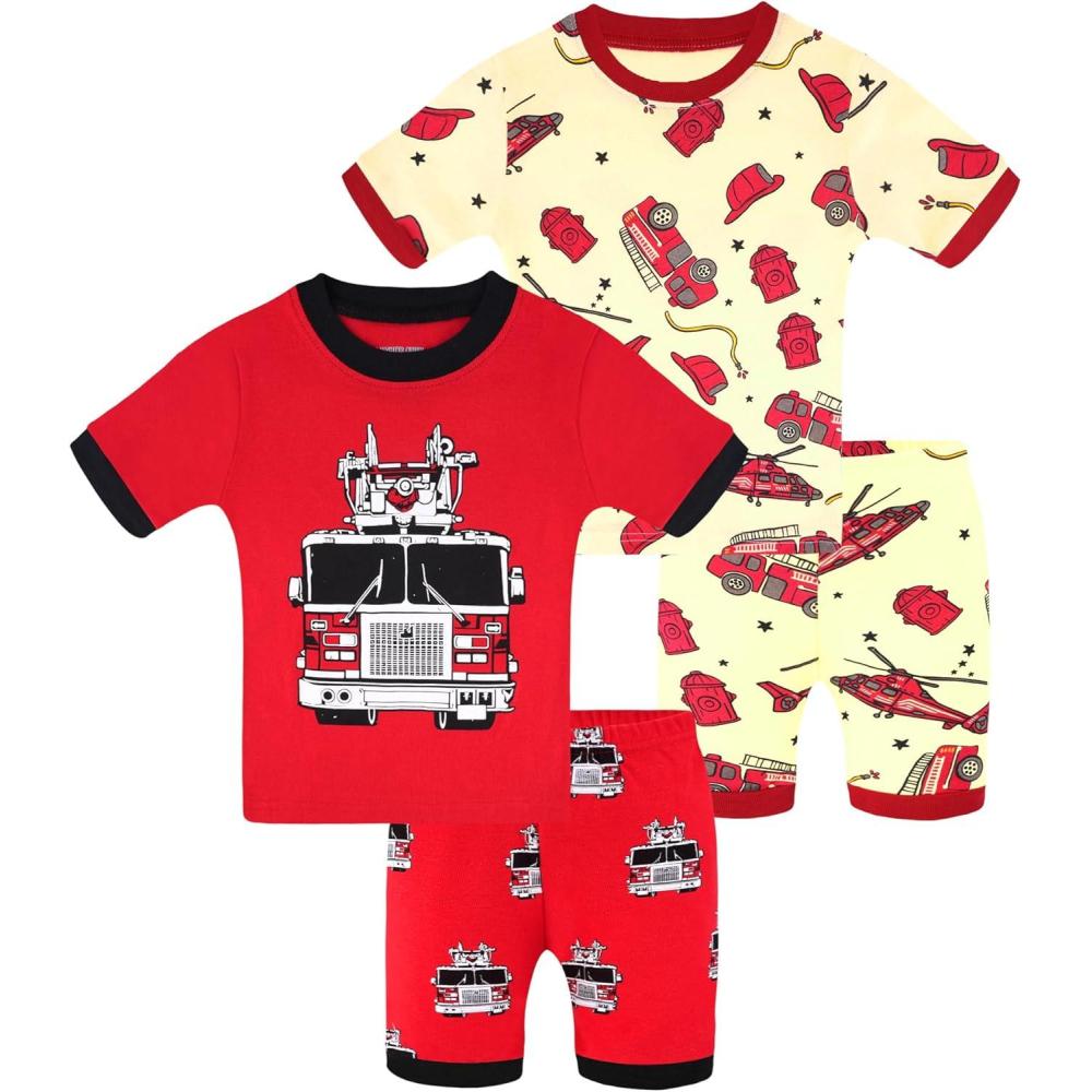 imageDAUGHTER QUEEN Boys Summer Pajamas Set 4 Pieces 100 Cotton Sleepwear Size 18 Months12 Years4pcsredBeigefire Trucksba26