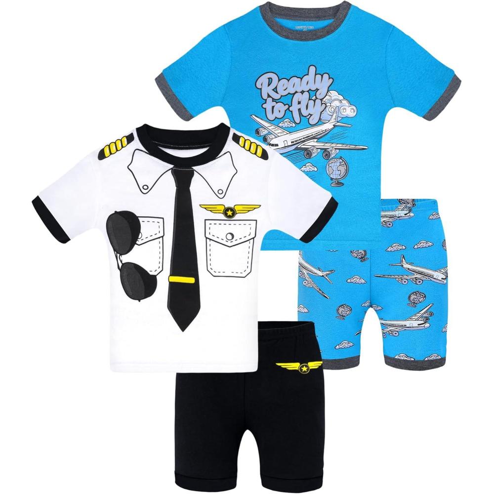 imageDAUGHTER QUEEN Boys Summer Pajamas Set 4 Pieces 100 Cotton Sleepwear Size 18 Months12 Years4pcswhiteBlueplanesba26