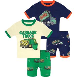 DAUGHTER QUEEN Boys Summer Pajamas Set 4 Pieces 100% Cotton Sleepwear Size 18 Months-12 Years(4pcs-beige/Navy Blue-garbage Truck-sba26)