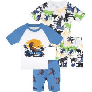 DAUGHTER QUEEN Boys Summer Pajamas Set 4 Pieces 100% Cotton Sleepwear Size 18 Months-12 Years(4pcs-blue/Colorful-dinosaur-sba26)