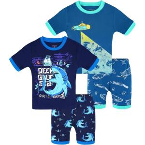 DAUGHTER QUEEN Boys Summer Pajamas Set 4 Pieces 100% Cotton Sleepwear Size 18 Months-12 Years(4pcs-blue/Navy Blue-shark-sba26)