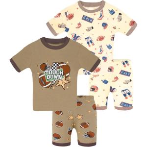 DAUGHTER QUEEN Boys Summer Pajamas Set 4 Pieces 100% Cotton Sleepwear Size 18 Months-12 Years(4pcs-brown/Beige-football-sba26)