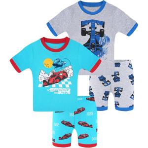 DAUGHTER QUEEN Boys Summer Pajamas Set 4 Pieces 100% Cotton Sleepwear Size 18 Months-12 Years(4pcs-grey/Blue-cars-sba26)