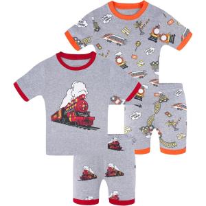 DAUGHTER QUEEN Boys Summer Pajamas Set 4 Pieces 100% Cotton Sleepwear Size 18 Months-12 Years(4pcs-grey-train-sba26)