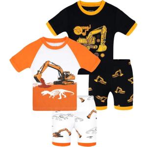 DAUGHTER QUEEN Boys Summer Pajamas Set 4 Pieces 100% Cotton Sleepwear Size 18 Months-12 Years(4pcs-orange/Black-construction-sba26)