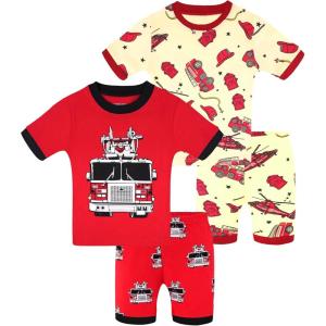DAUGHTER QUEEN Boys Summer Pajamas Set 4 Pieces 100% Cotton Sleepwear Size 18 Months-12 Years(4pcs-red/Beige-fire Truck-sba26)