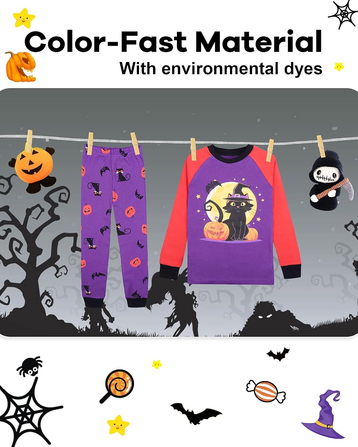 image:imageDAUGHTER QUEEN Boys amp Girls 100 Cotton Halloween amp Christmas PJS 18M12Y Soft Breathable Comfortable Tagless Snug Fit Festive Great for Gift GivingBlack CatPurpleOrange