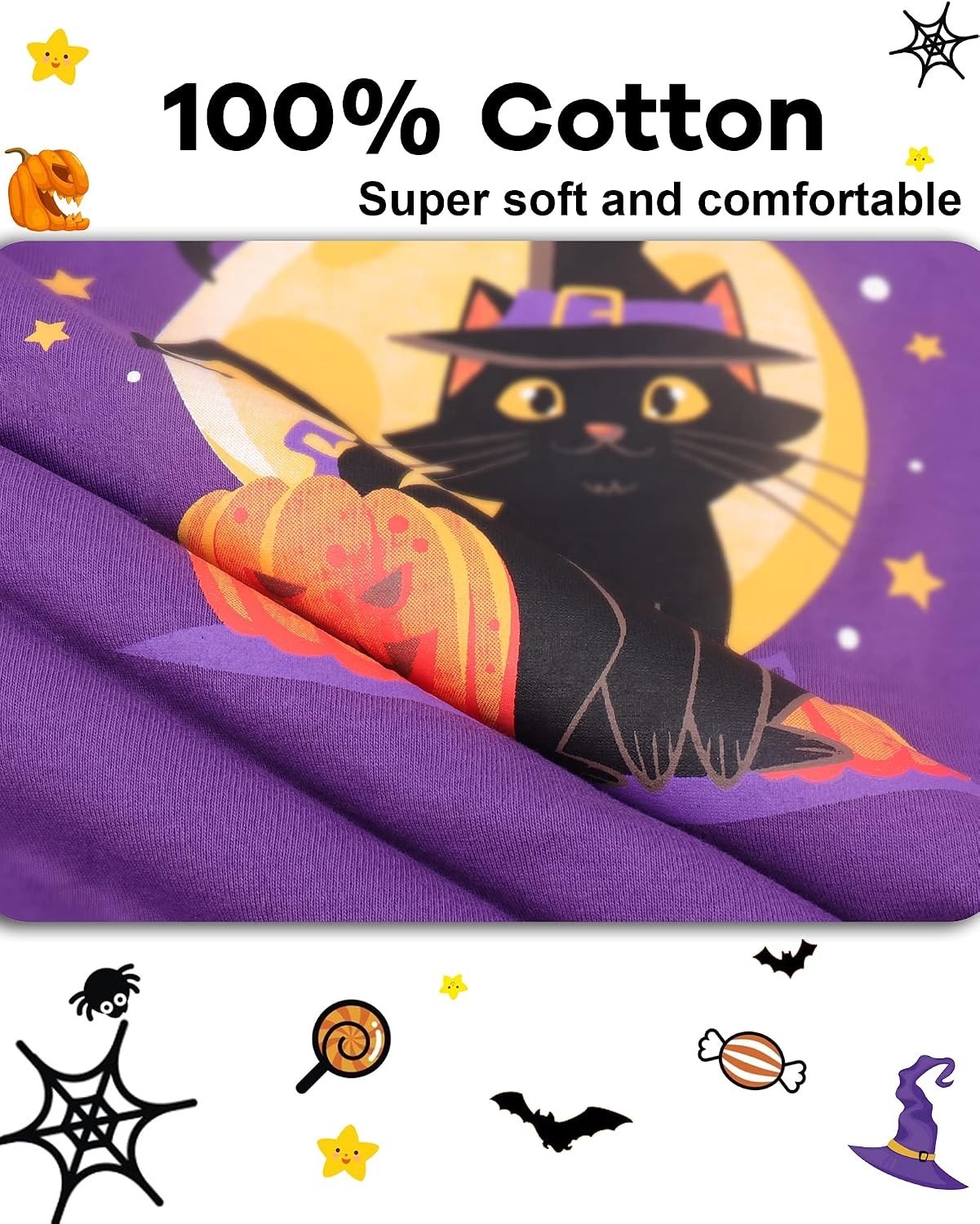 image:imageDAUGHTER QUEEN Boys amp Girls 100 Cotton Halloween amp Christmas PJS 18M12Y Soft Breathable Comfortable Tagless Snug Fit Festive Great for Gift GivingBlack CatPurpleOrange