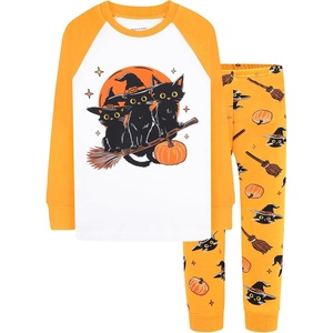 DAUGHTER QUEEN Boys & Girls 100% Cotton Halloween & Christmas PJS 18M-12Y | Soft, Breathable, Comfortable, Tagless, Snug Fit, Festive, Great for Gift Giving(2pcs-orange-cat-hga26)
