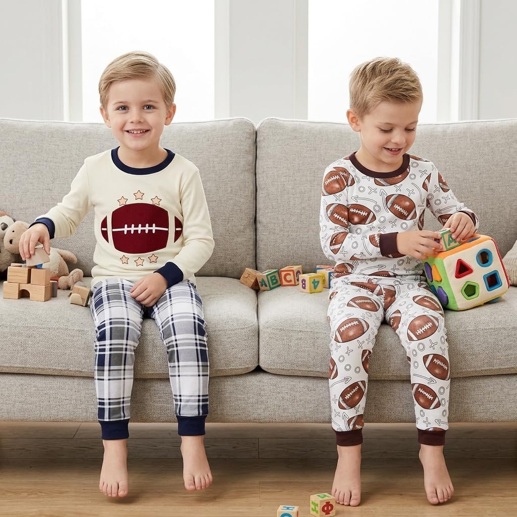 image:imageDAUGHTER QUEEN Boys Pajamas 4 Pieces Long Set 100 Cotton Sleepwear Size 18 Months12 Years4pcsbeigefootballlba24