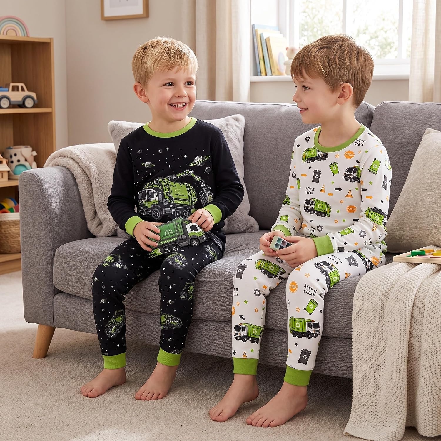 image:imageDAUGHTER QUEEN Boys Pajamas 4 Pieces Long Set 100 Cotton Sleepwear Size 18 Months12 Years4pcsblackBeigegarbage Trucklba26