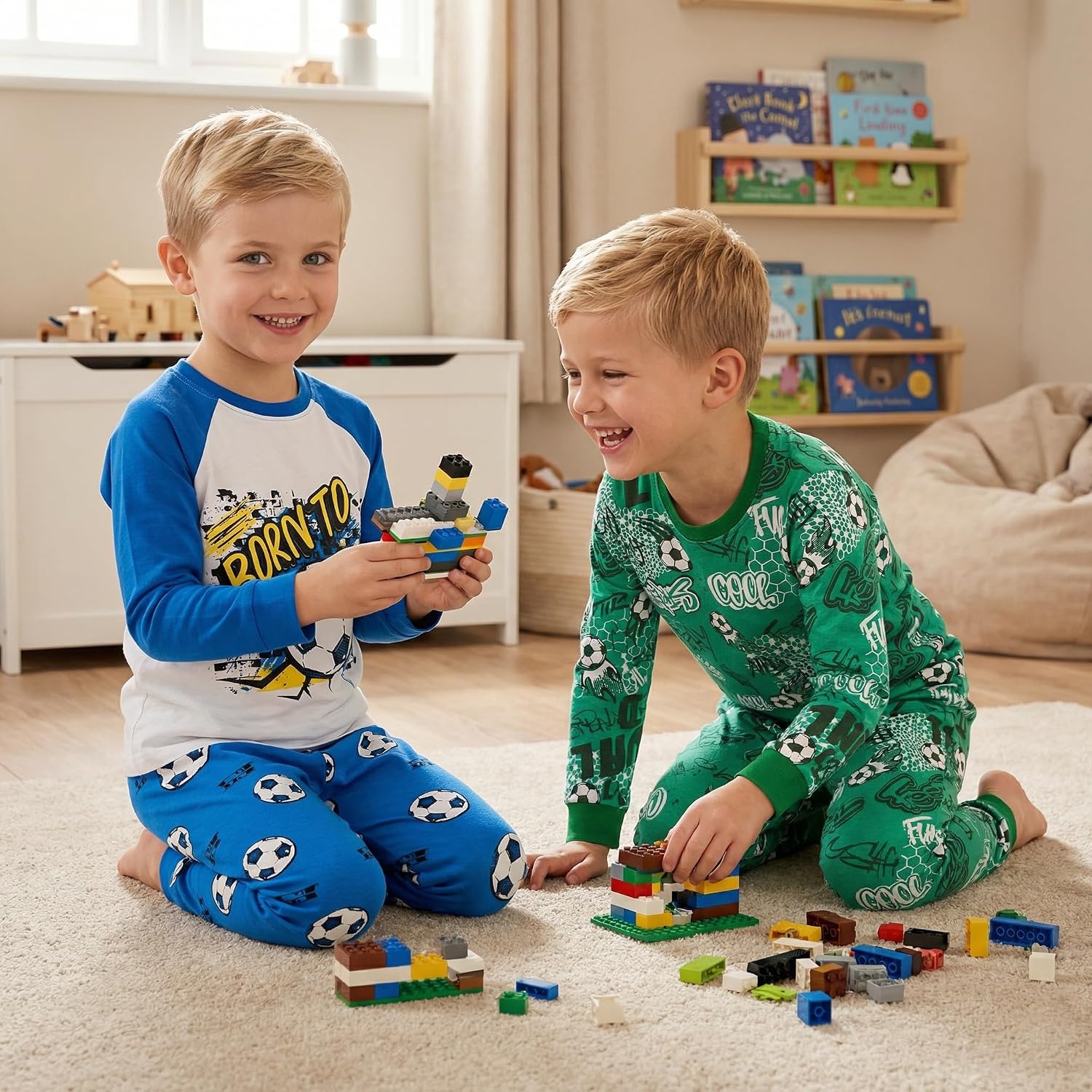 image:imageDAUGHTER QUEEN Boys Pajamas 4 Pieces Long Set 100 Cotton Sleepwear Size 18 Months12 Years4pcsblueGreensoccerlba25