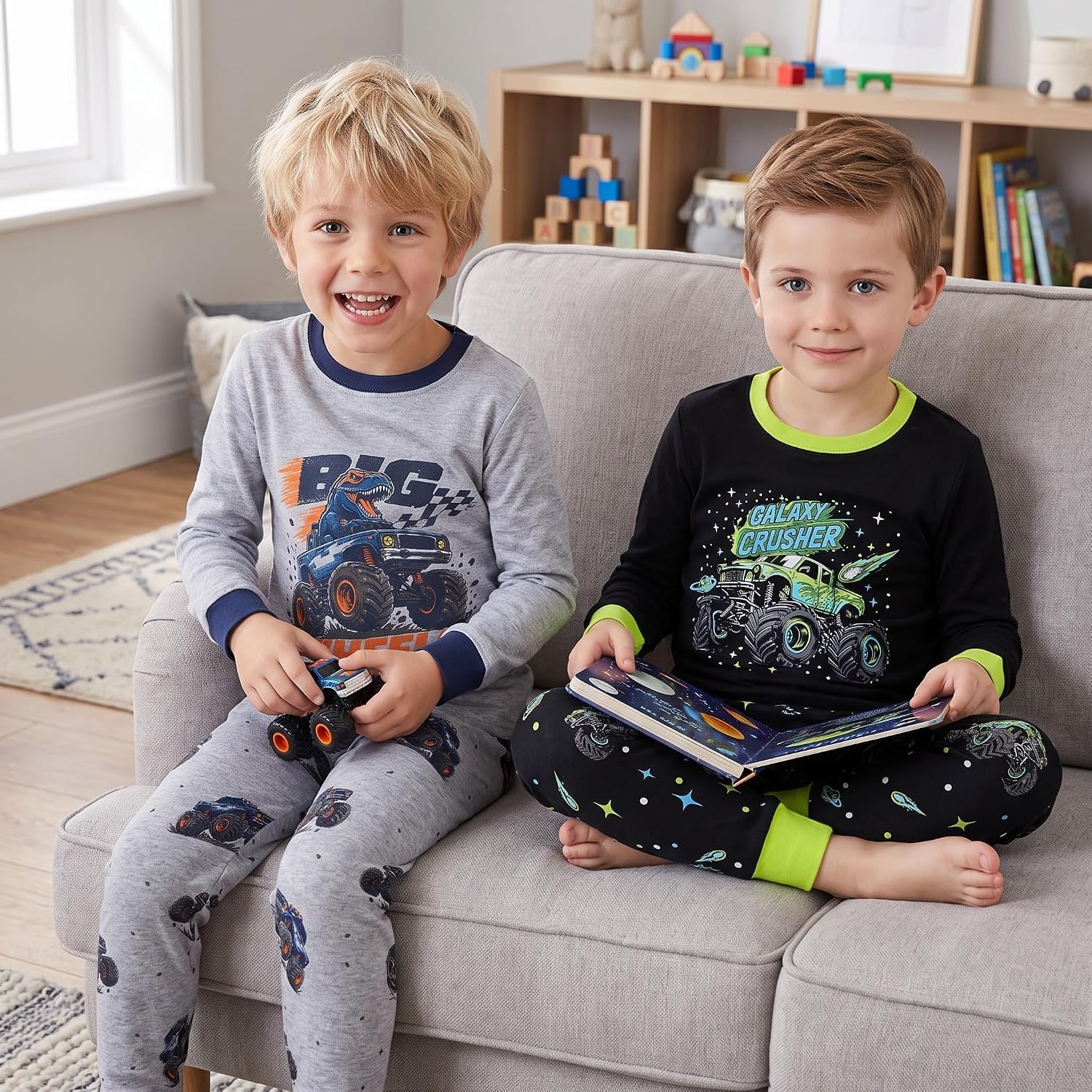 image:imageDAUGHTER QUEEN Boys Pajamas 4 Pieces Long Set 100 Cotton Sleepwear Size 18 Months12 Years4pcsgreyBlackmonster Trucklba26