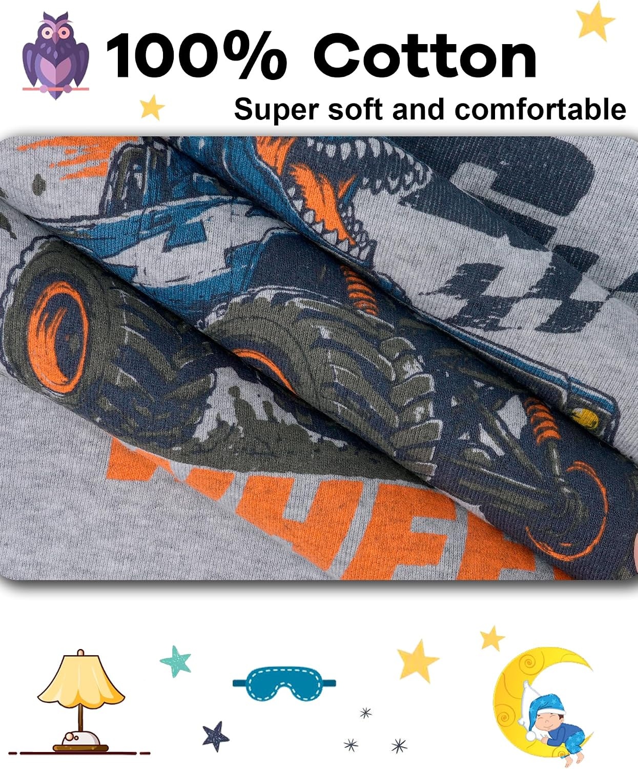 image:imageDAUGHTER QUEEN Boys Pajamas 4 Pieces Long Set 100 Cotton Sleepwear Size 18 Months12 Years4pcsgreyBlackmonster Trucklba26