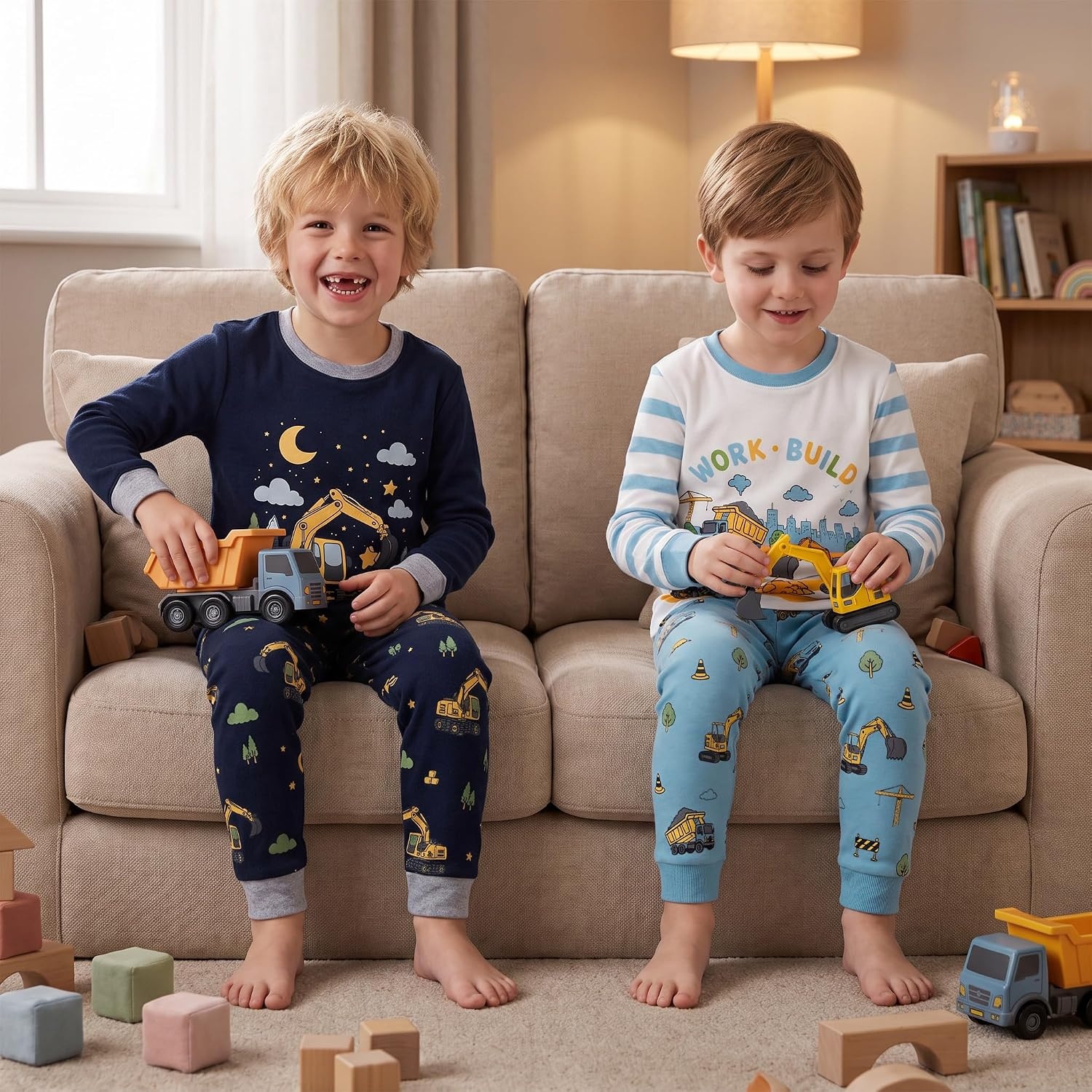 image:imageDAUGHTER QUEEN Boys Pajamas 4 Pieces Long Set 100 Cotton Sleepwear Size 18 Months12 Years4pcsnavyBeigeconstructionlba26