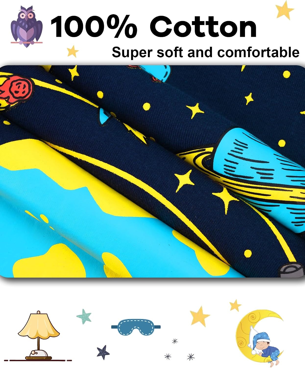 image:imageDAUGHTER QUEEN Boys Pajamas 4 Pieces Long Set 100 Cotton Sleepwear Size 18 Months12 Years4pcsnavyspacelba25