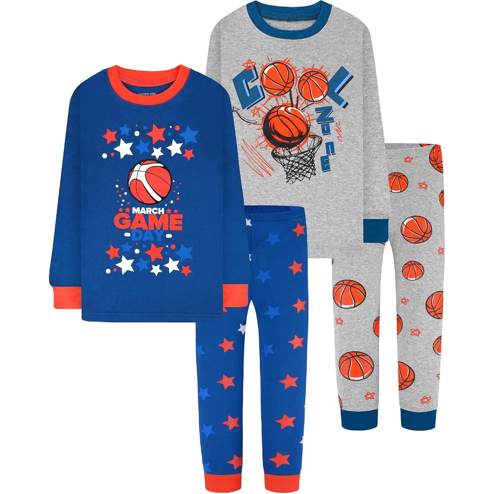 image:imageDAUGHTER QUEEN Boys Pajamas 4 Pieces Long Set 100 Cotton Sleepwear Size 18 Months12 Years4pcsblueGraybasketballlba25