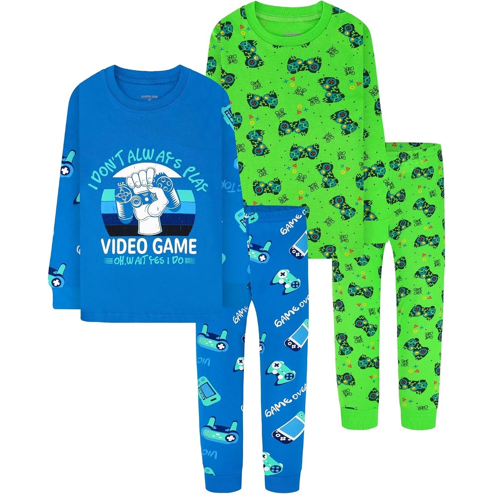 image:imageDAUGHTER QUEEN Boys Pajamas 4 Pieces Long Set 100 Cotton Sleepwear Size 18 Months12 Years4pcsblueGreengamerlba25