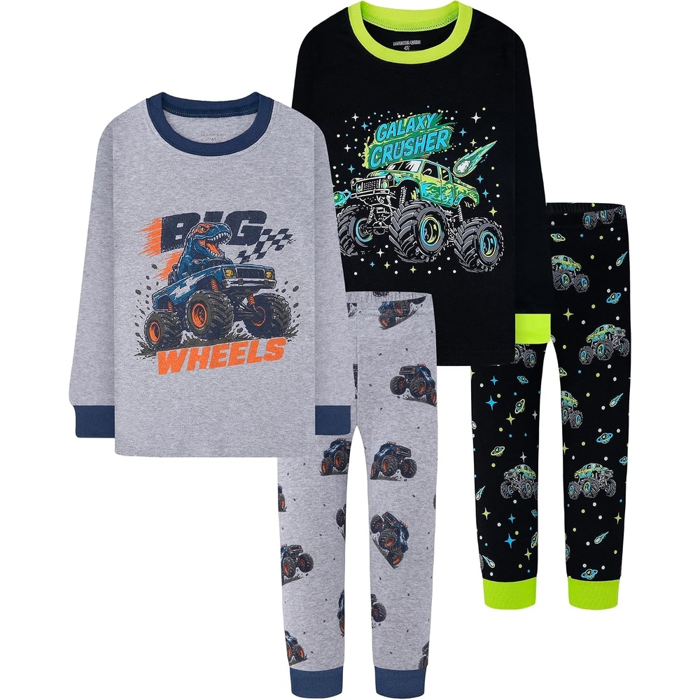 image:imageDAUGHTER QUEEN Boys Pajamas 4 Pieces Long Set 100 Cotton Sleepwear Size 18 Months12 Years4pcsgreyBlackmonster Trucklba26