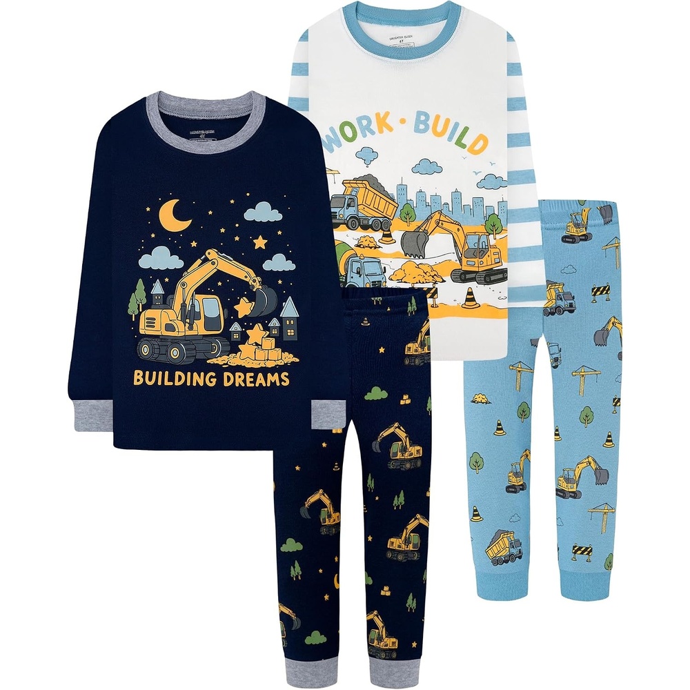 image:imageDAUGHTER QUEEN Boys Pajamas 4 Pieces Long Set 100 Cotton Sleepwear Size 18 Months12 Years4pcsnavyBeigeconstructionlba26