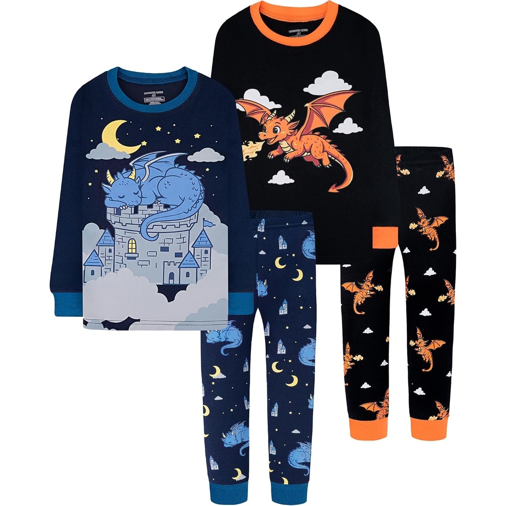 image:imageDAUGHTER QUEEN Boys Pajamas 4 Pieces Long Set 100 Cotton Sleepwear Size 18 Months12 Years4pcsnavyBlackdragonlba26