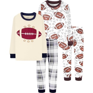 DAUGHTER QUEEN Boys Pajamas 4 Pieces Long Set 100% Cotton Sleepwear Size 18 Months-12 Years(4pcs-beige-football-lba24)