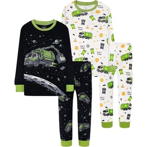 DAUGHTER QUEEN Boys Pajamas 4 Pieces Long Set 100% Cotton Sleepwear Size 18 Months-12 Years(4pcs-black/Beige-garbage Truck-lba26)