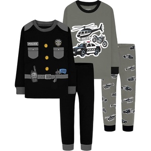 DAUGHTER QUEEN Boys Pajamas 4 Pieces Long Set 100% Cotton Sleepwear Size 18 Months-12 Years(4pcs-black/Gray-police-lba25)