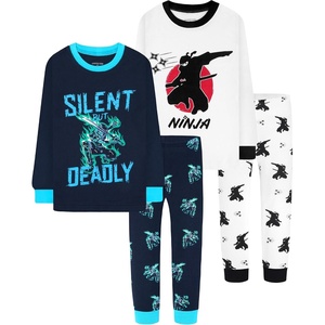 DAUGHTER QUEEN Boys Pajamas 4 Pieces Long Set 100% Cotton Sleepwear Size 18 Months-12 Years(4pcs-blue/Beige-ninja-lba25)