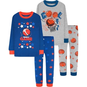 DAUGHTER QUEEN Boys Pajamas 4 Pieces Long Set 100% Cotton Sleepwear Size 18 Months-12 Years(4pcs-blue/Gray-basketball-lba25)