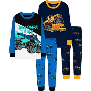 DAUGHTER QUEEN Boys Pajamas 4 Pieces Long Set 100% Cotton Sleepwear Size 18 Months-12 Years(4pcs-blue/Navy-monster Truck-lba25)